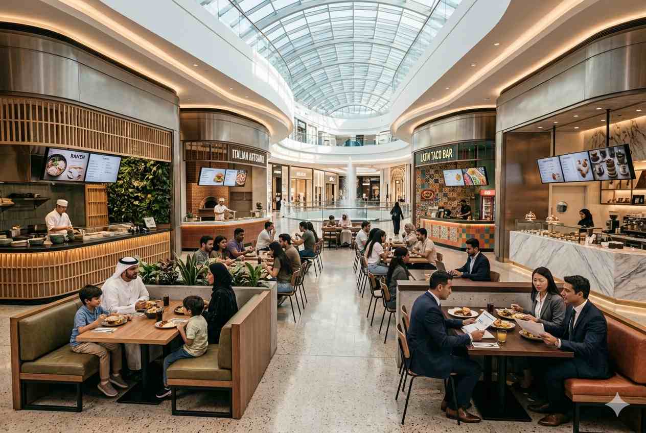 Modern food court inside a UAE shopping mall with multiple dining outlets