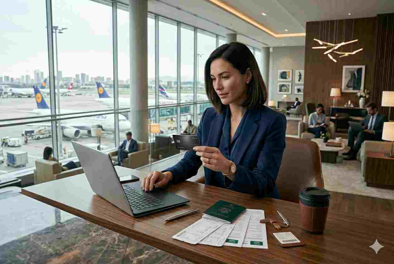 Traveler using a premium travel rewards credit card at an airport lounge