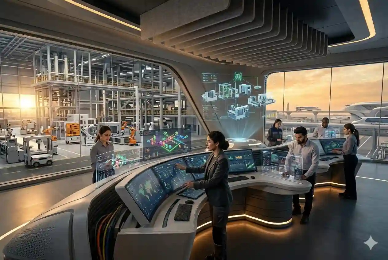 Engineers monitoring integrated automation systems in UAE smart control room