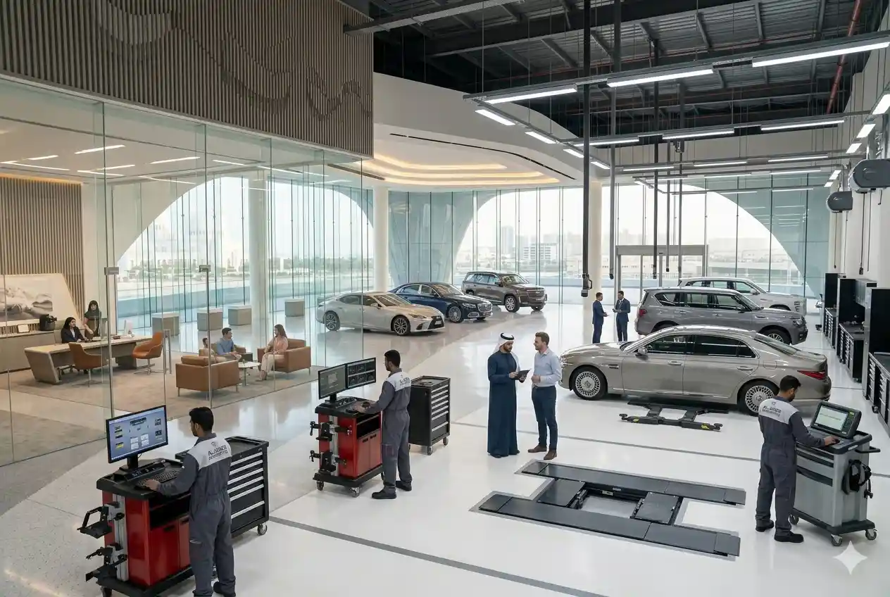 Automotive professionals working in a modern UAE dealership and service center