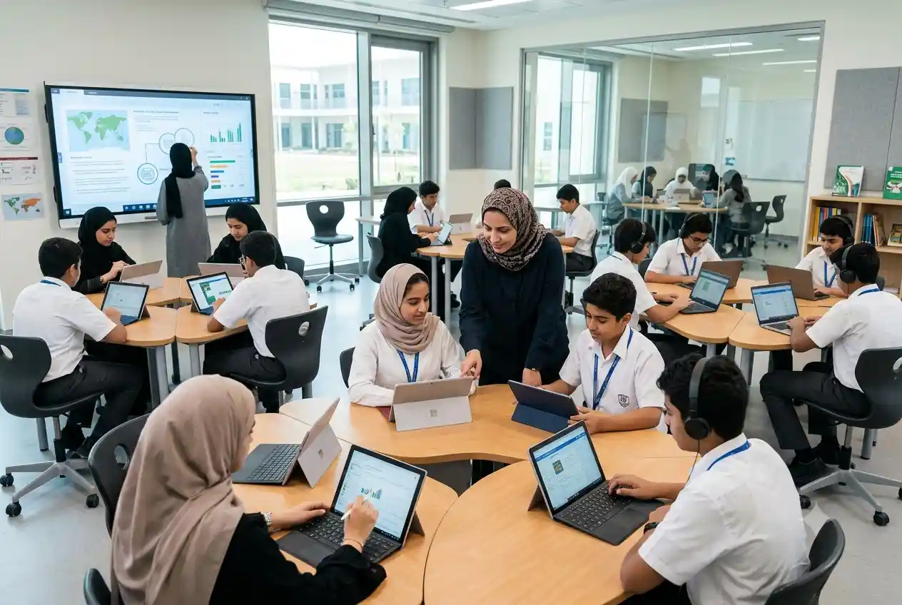 Students using Alef Education digital learning platform in a modern UAE classroom