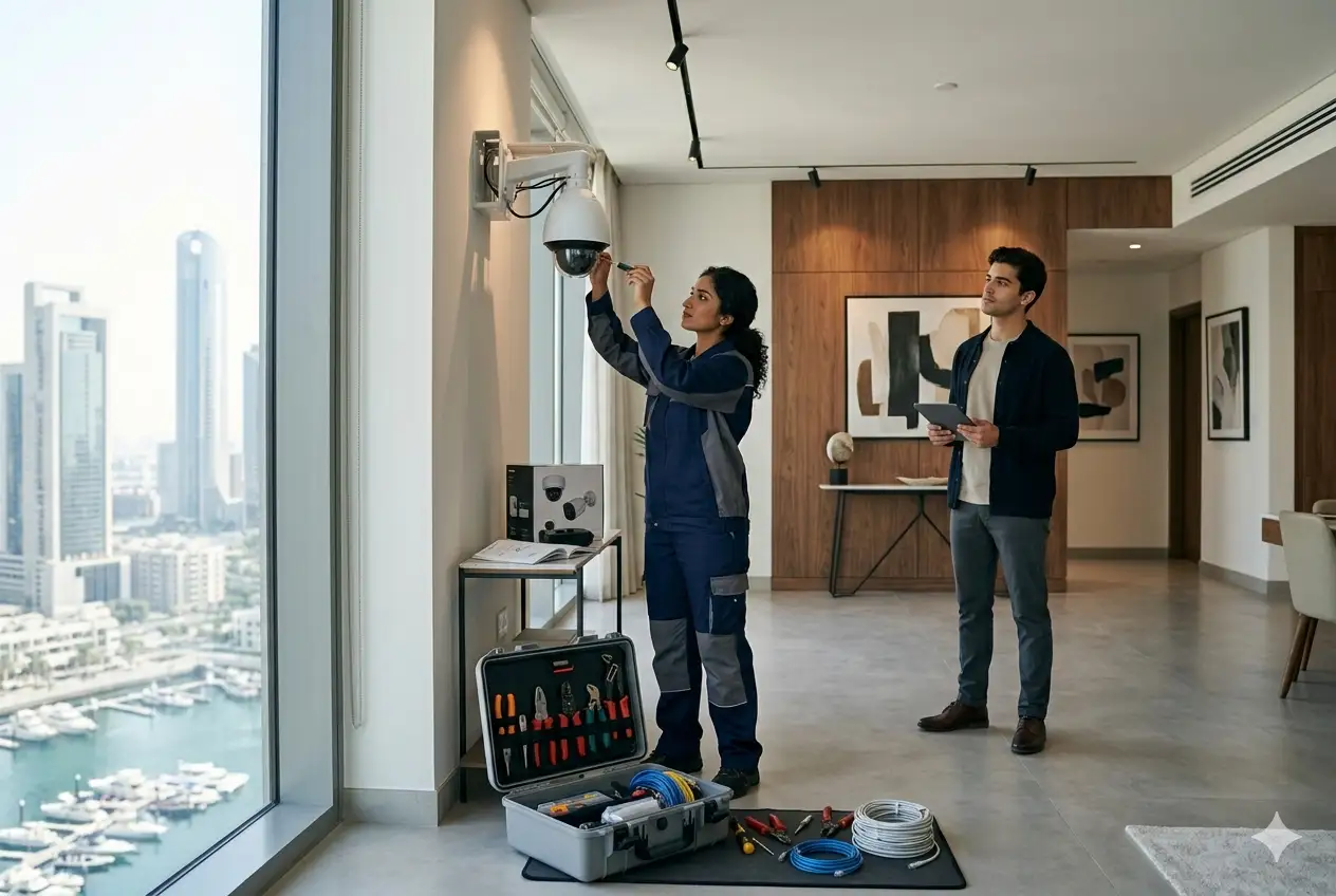 Home service technician performing maintenance work inside modern UAE home