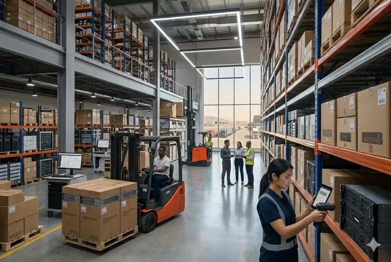 Technology distribution warehouse with IT hardware and logistics operations in UAE