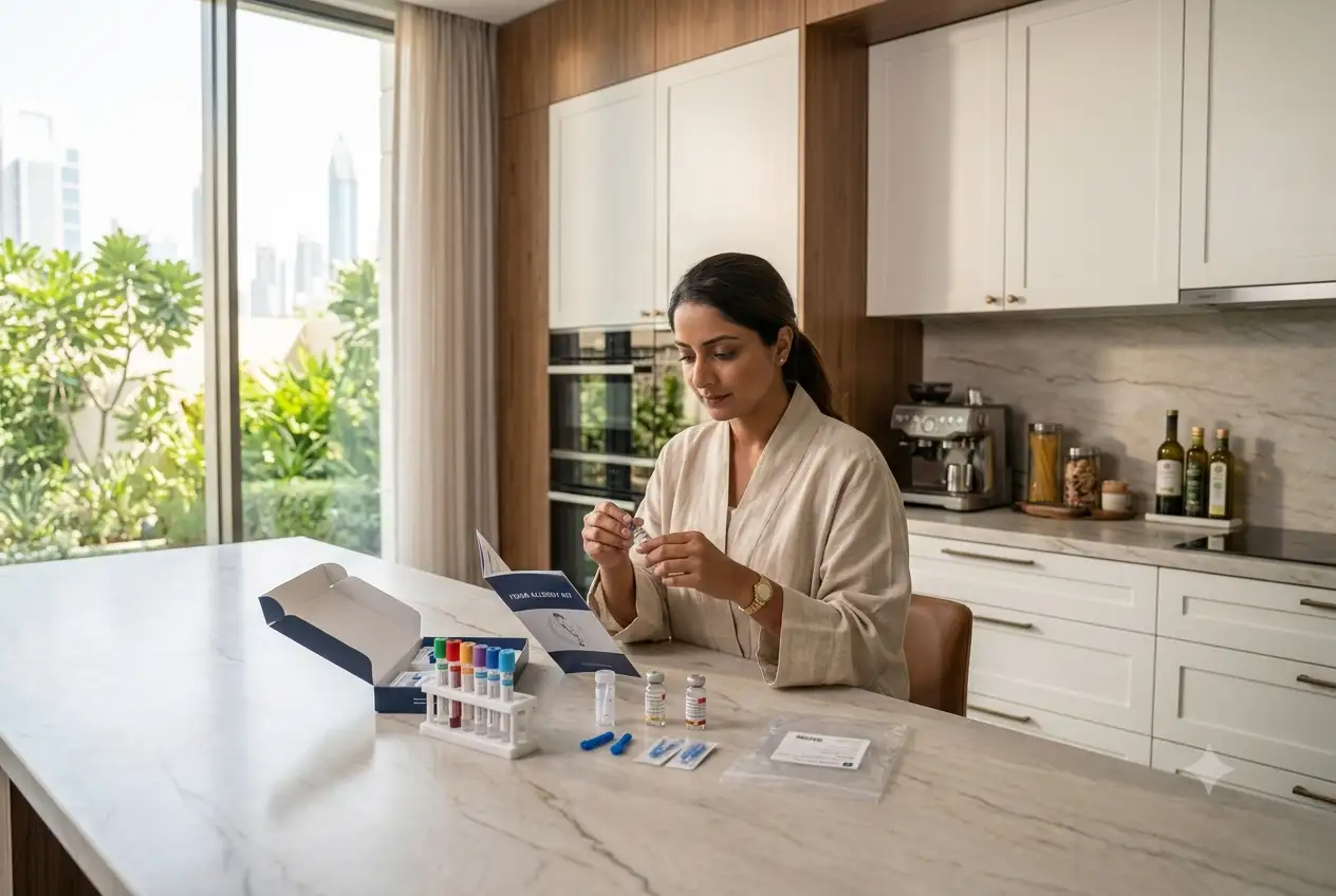 Individual using a food allergy testing kit at home in the UAEHome food allergy testing offers a convenient way to begin investigating potential food-related reactions.Healthcare-focused image showing an individual preparing a home food allergy test kit, representing the growing popularity of home diagnostic services in the UAE.