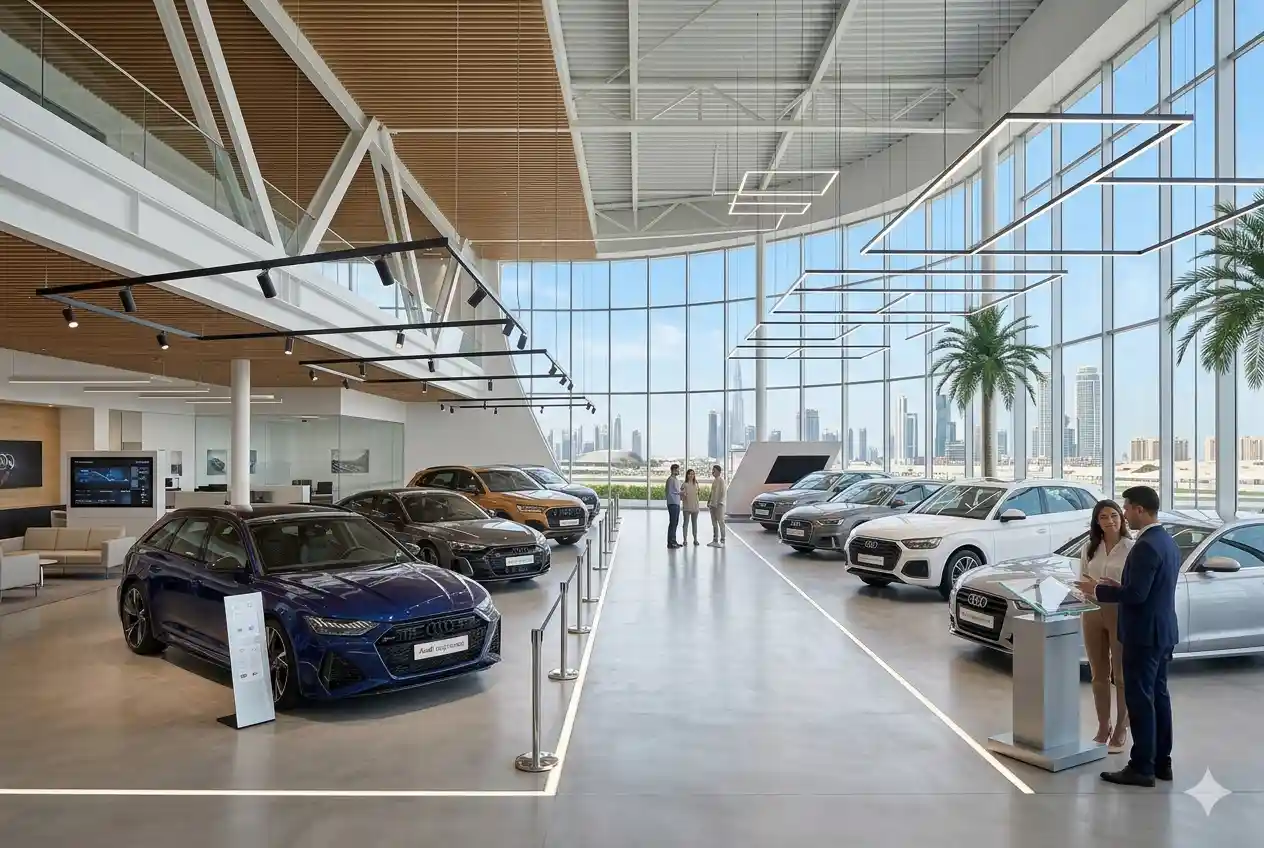 Certified pre-owned Audi cars displayed in showroom Dubai