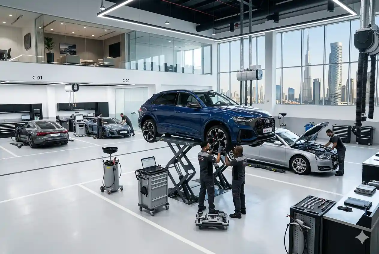 Audi vehicles being serviced at a premium Dubai service center