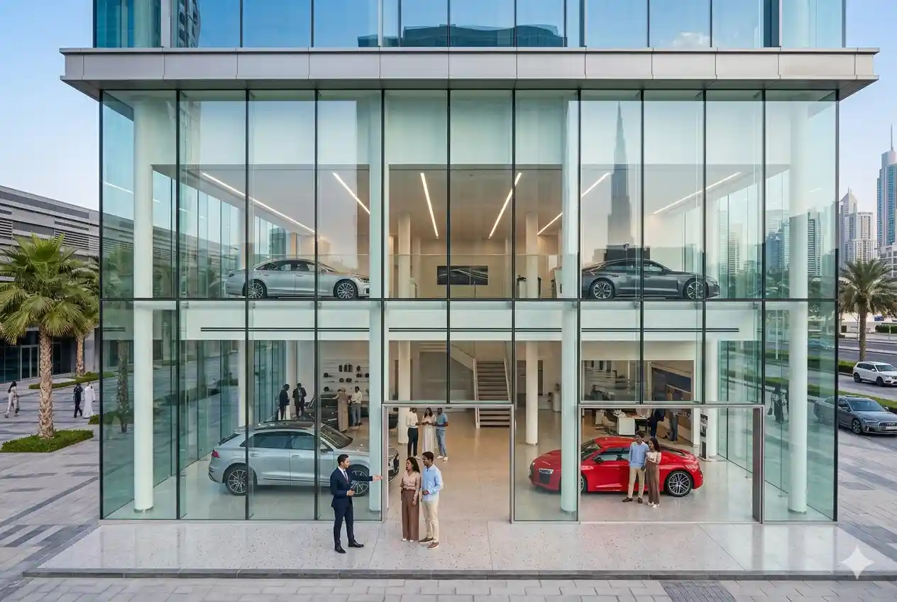 Luxury Audi cars displayed inside a modern Dubai showroom