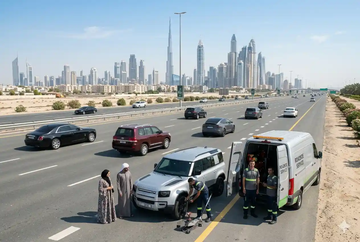 Drivers traveling on modern Dubai roads with access to motoring support services