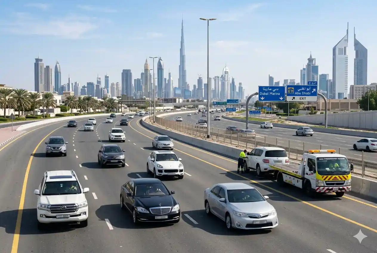 Modern vehicles driving on a UAE highway representing automobile and touring club services