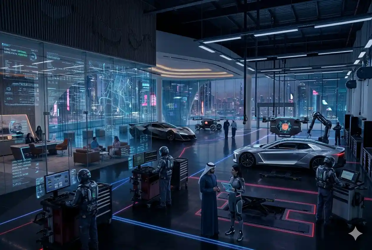 Automotive professionals working in a modern Dubai dealership and service facility