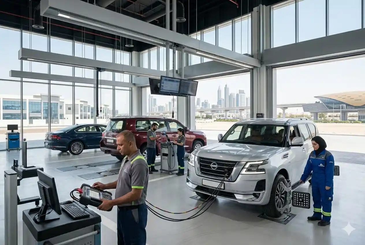 Vehicles undergoing inspection at a modern technical testing centre in Al Qusais Dubai