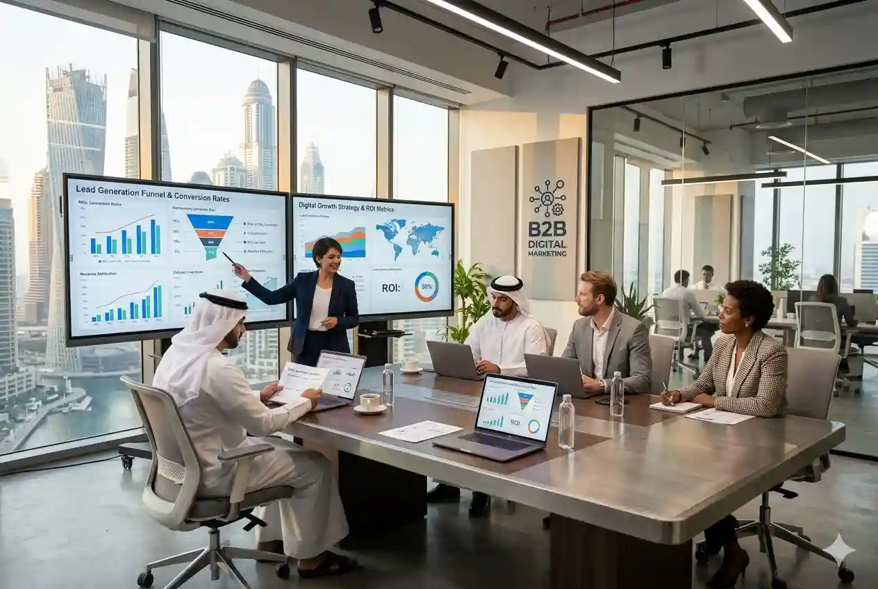 B2B marketing professionals planning lead generation campaigns in a corporate office