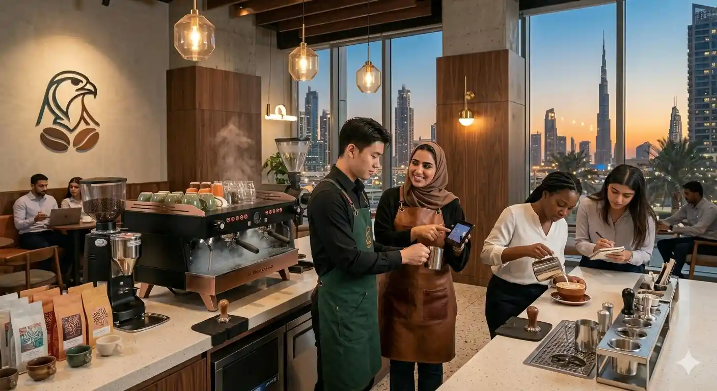 Barista trainee preparing coffee in Dubai café training session