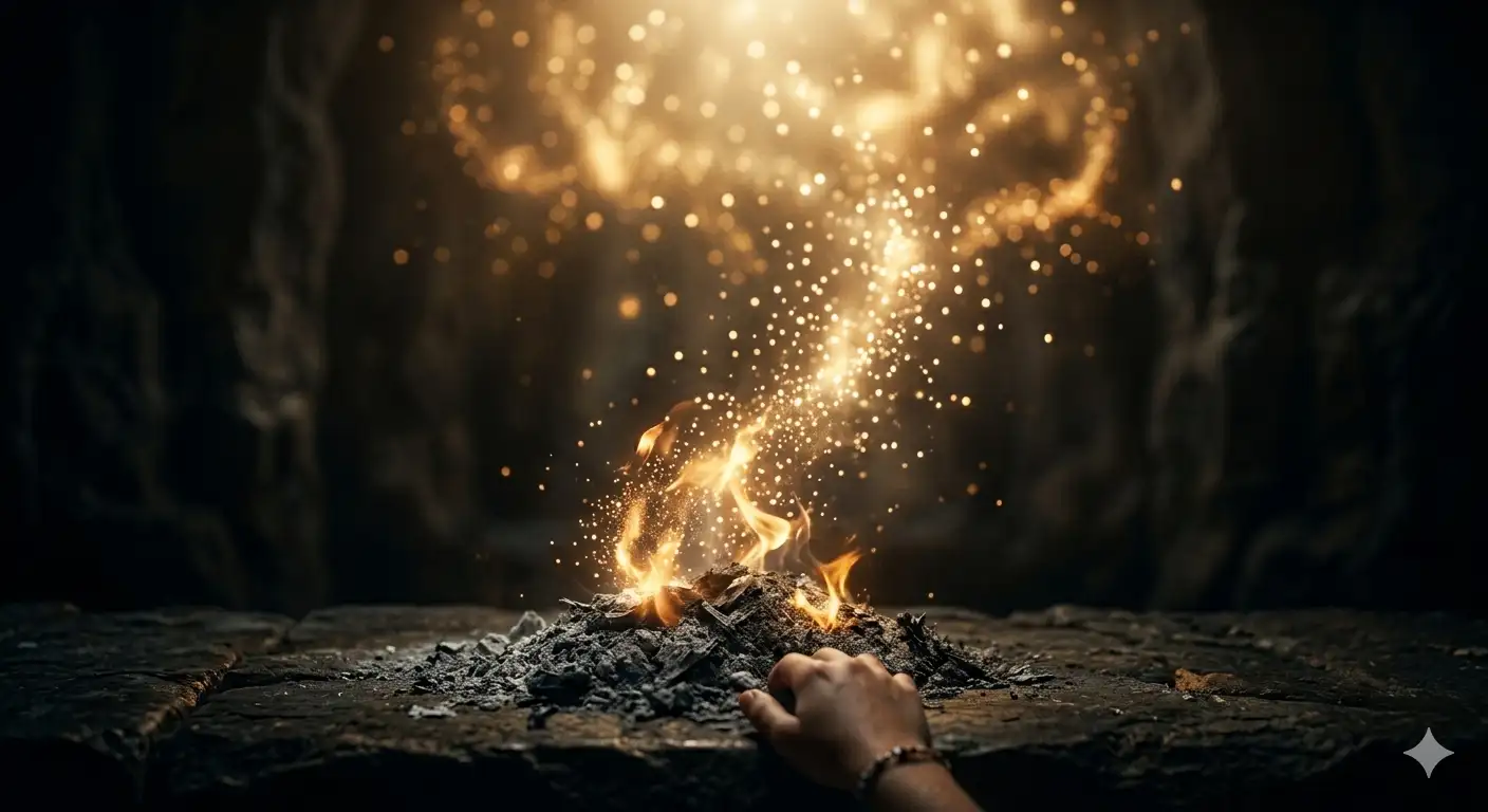 Symbolic transformation of ashes turning into light representing hope and renewal