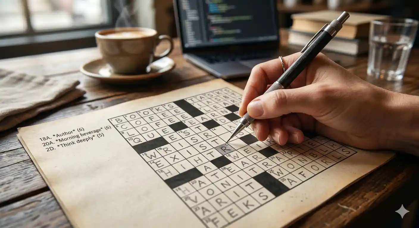 Person solving a crossword puzzle with pencil on paper in a calm study environment