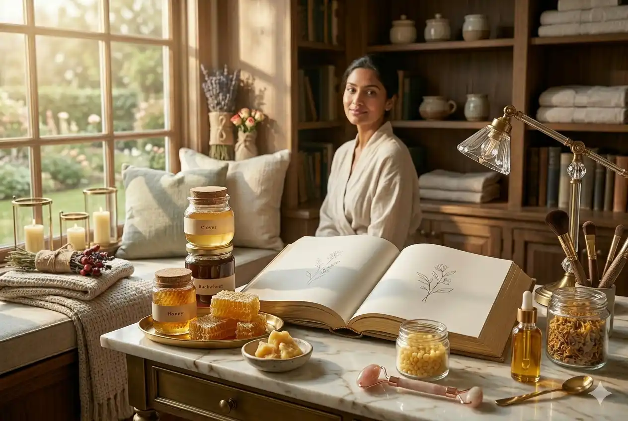 Honey and beeswax-inspired beauty products arranged in a premium skincare setting