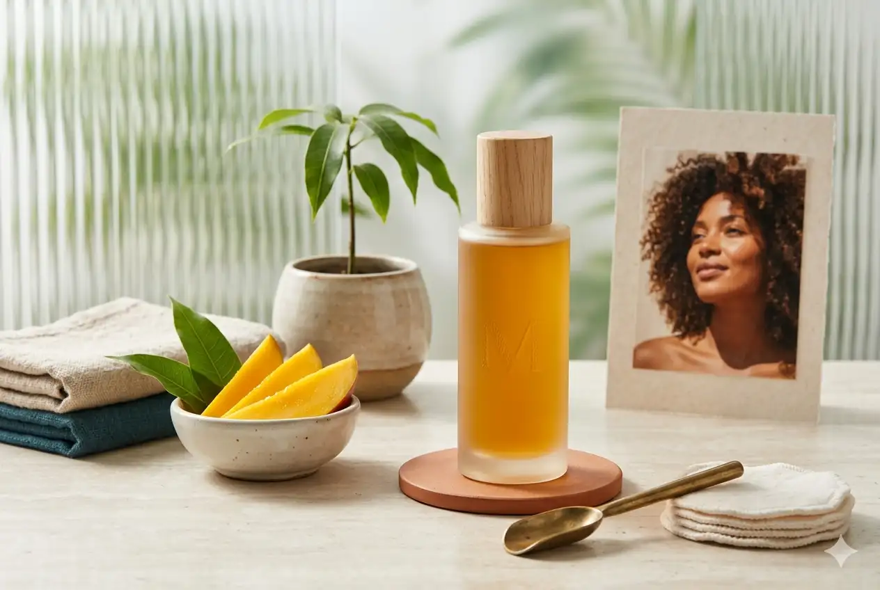 Probiotic-inspired underarm toner with mango-themed skincare presentation