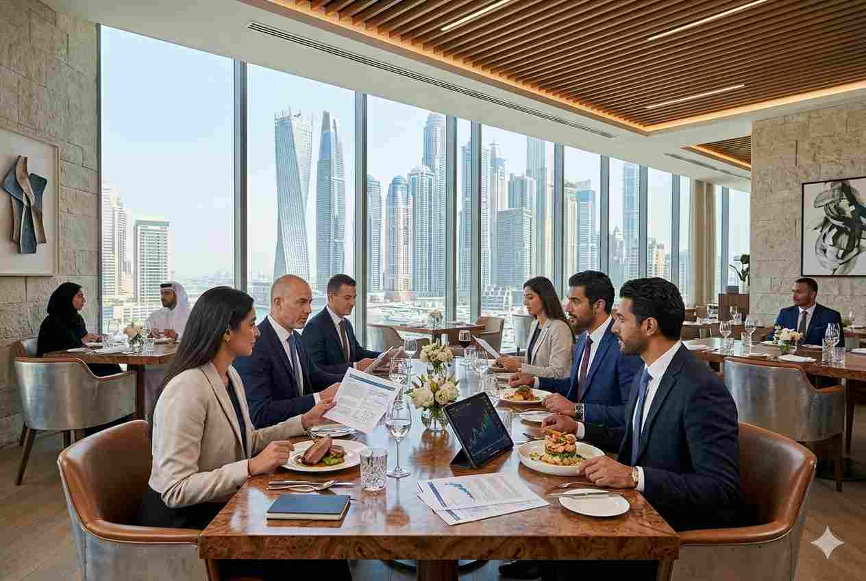 Business professionals having lunch meeting in Dubai restaurant