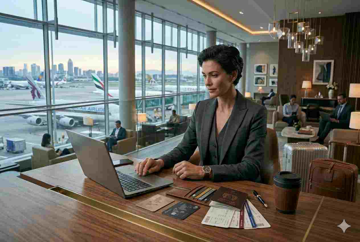 Traveler comparing travel points credit cards before booking flights