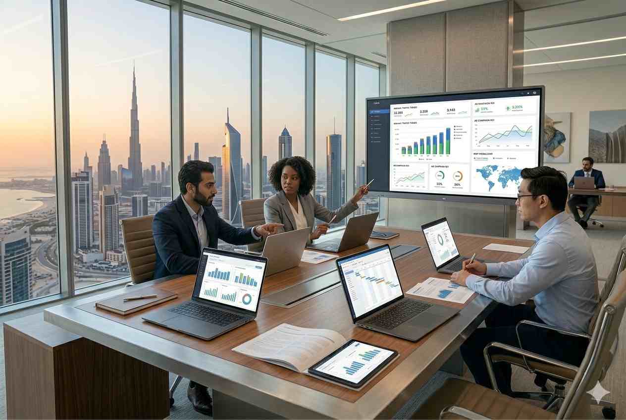Dubai digital marketing professionals reviewing SEO and advertising campaigns