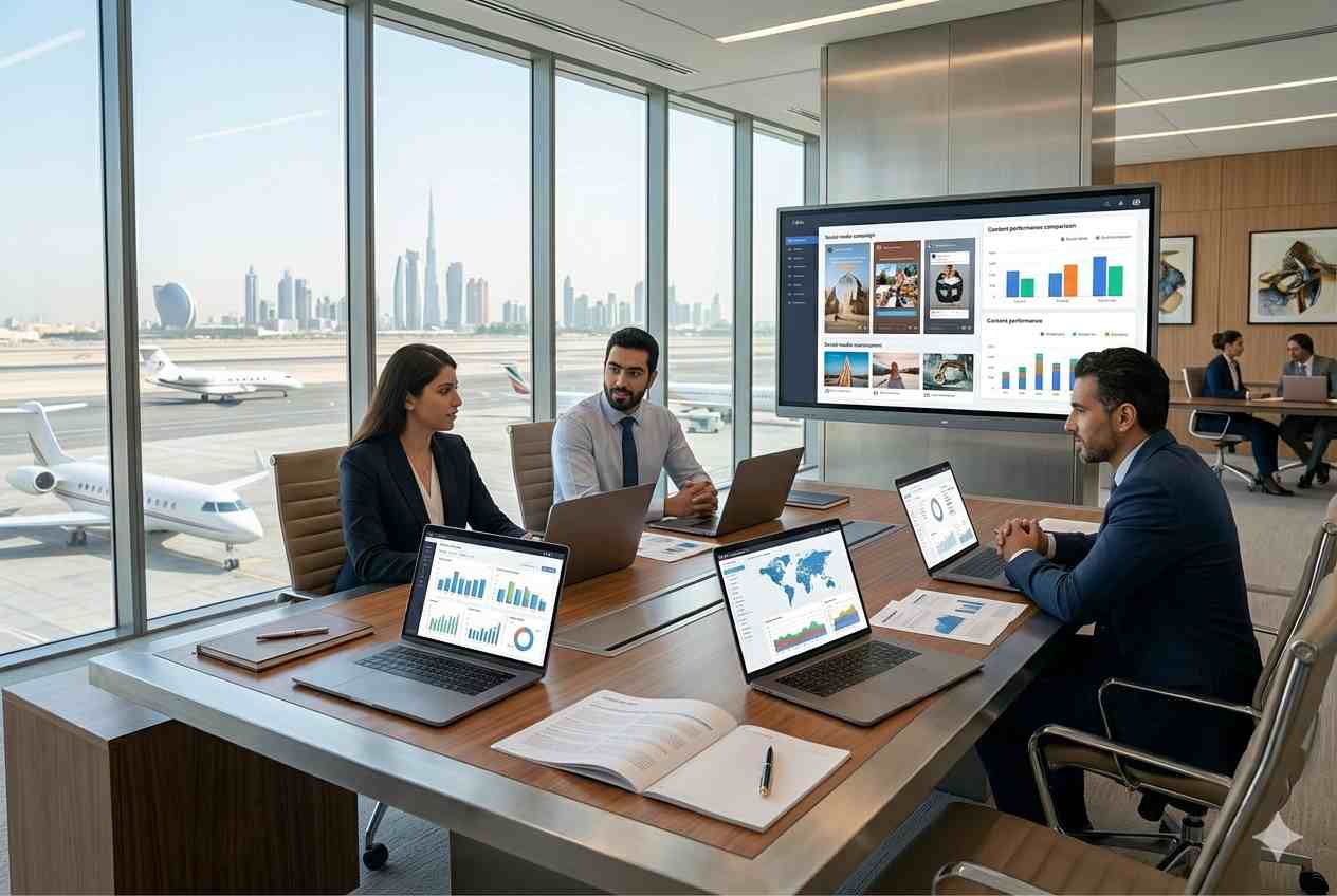 Business professionals discussing digital marketing strategy in a Dubai office