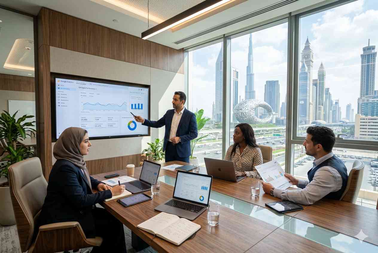 Marketing professionals discussing digital marketing strategy in a modern UAE office