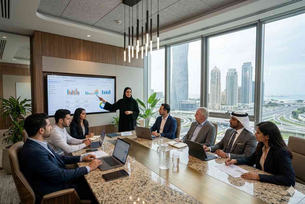 Digital marketing professionals presenting growth strategies to business leaders in the UAE