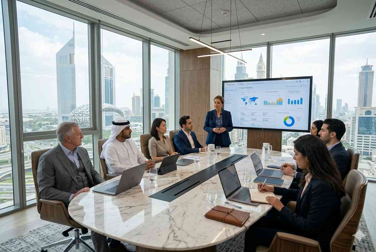 Professional digital marketing consultants discussing business growth strategies in a UAE office