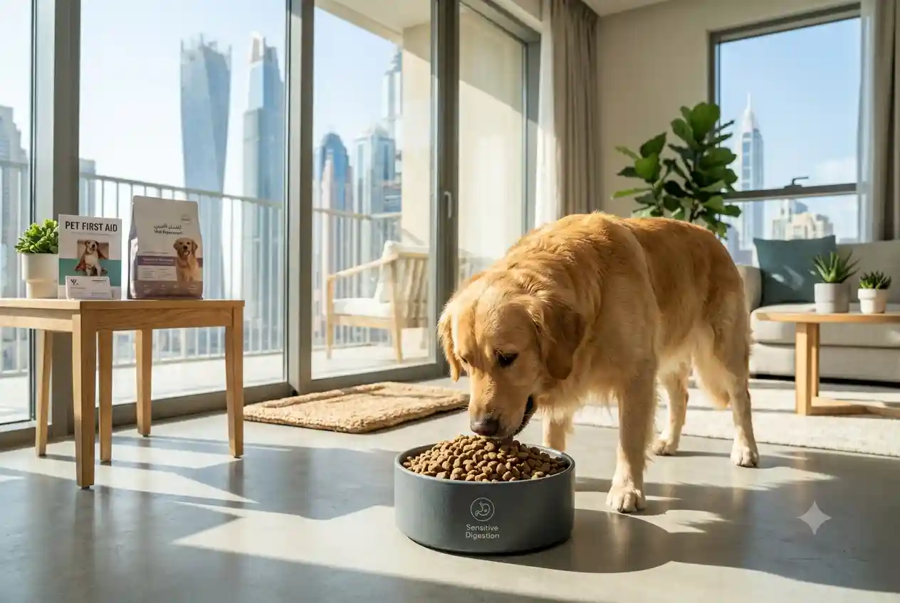 Healthy dog eating premium food formulated for sensitive stomach digestion