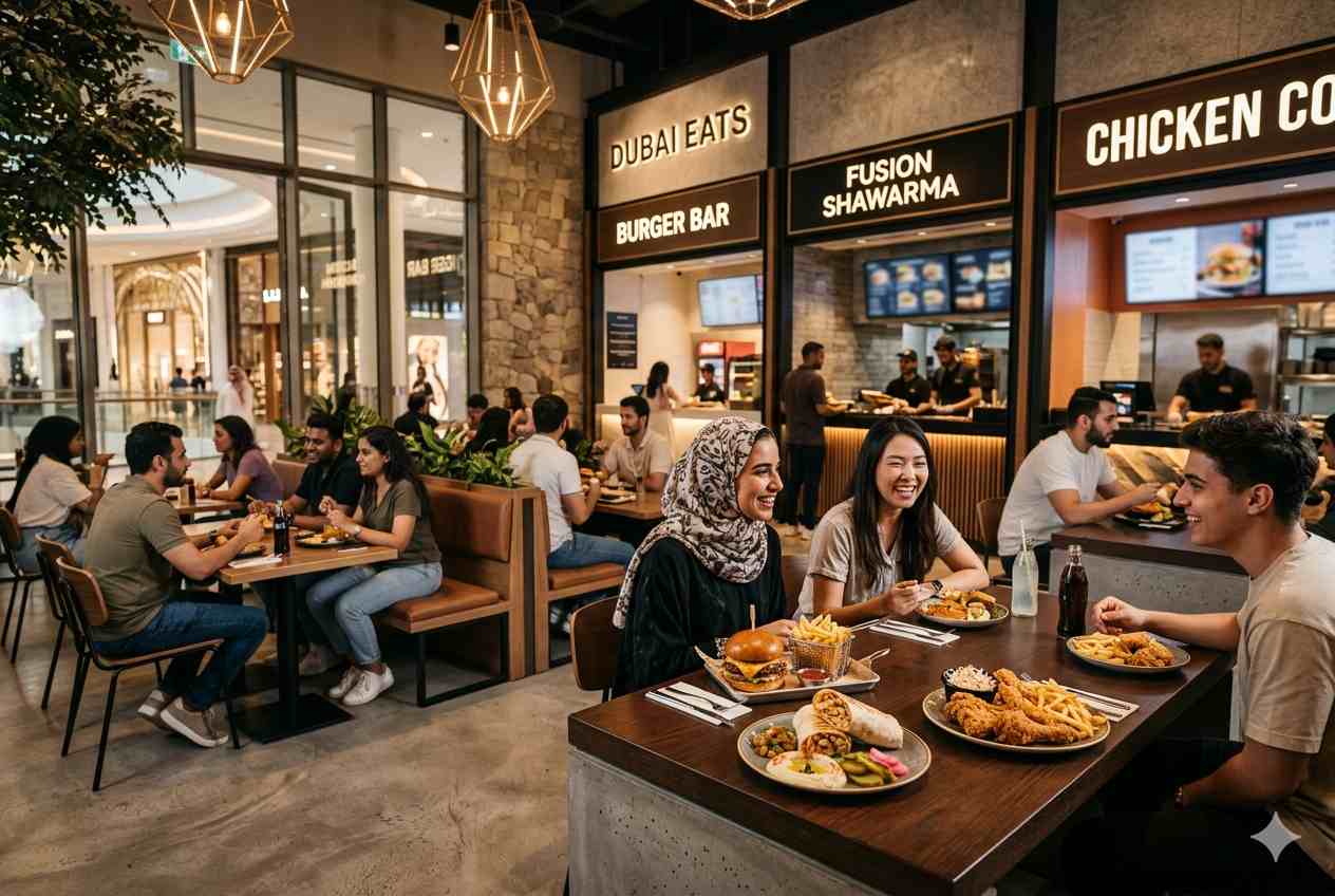 Popular fast food restaurants and dining area inside a modern UAE mall