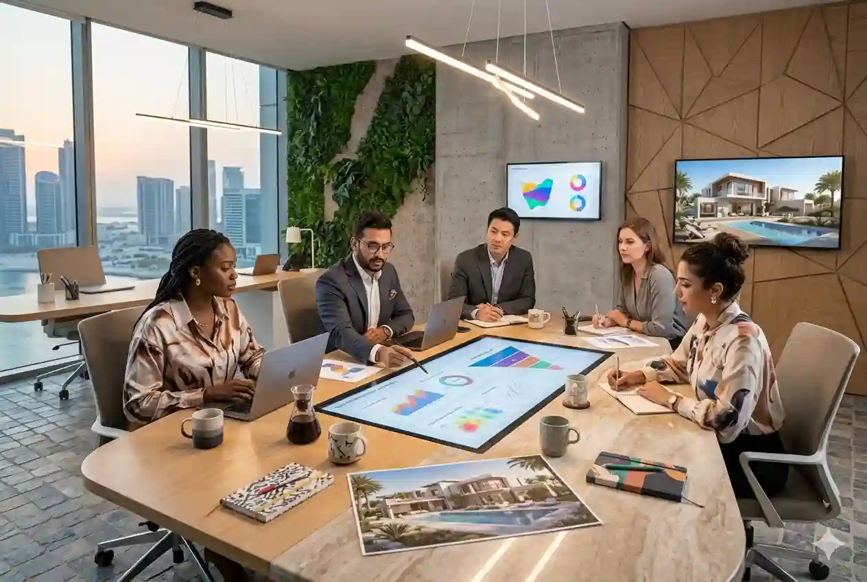 real estate marketing team planning campaigns in UAE office