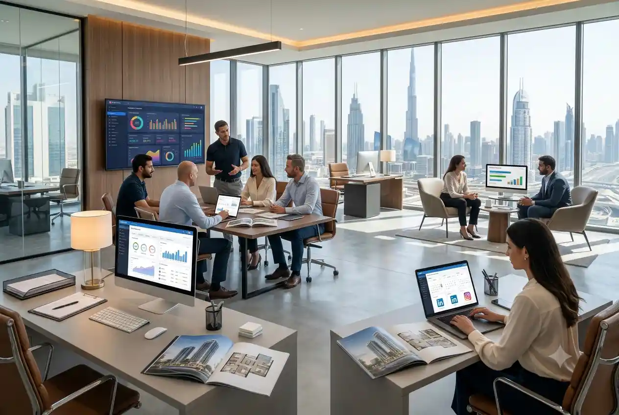 Marketing professionals planning digital campaigns for a UAE real estate company in a modern office.