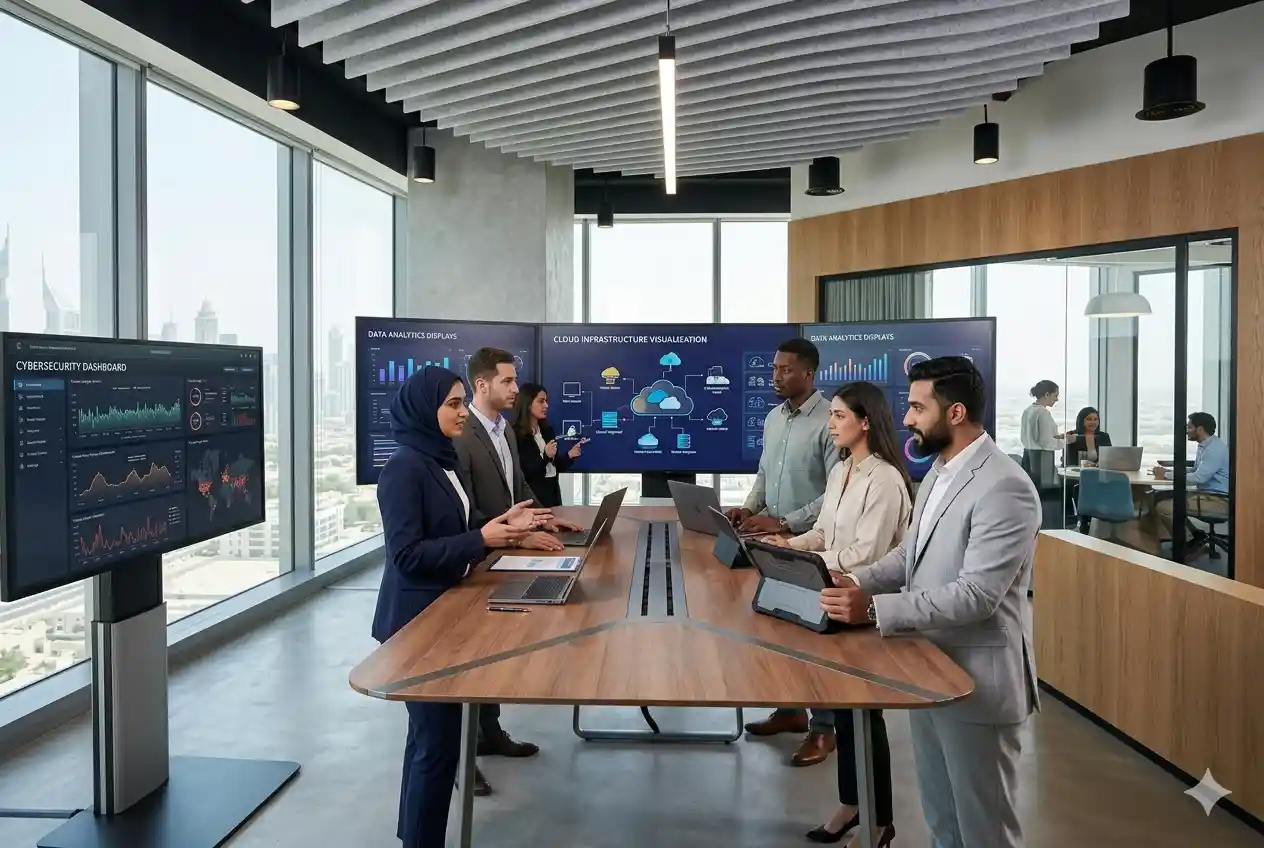 Business analysts using advanced big data technology solutions and analytics dashboards