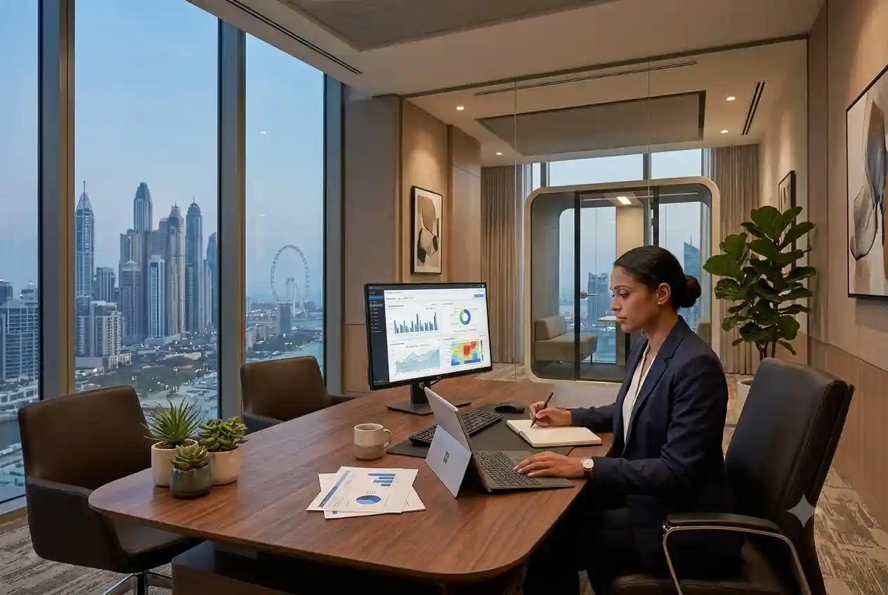 Business analyst working in a professional Dubai office environment