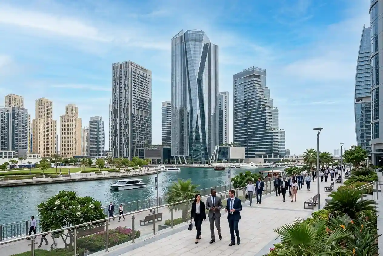 Modern office towers in Dubai Business Bay commercial district
