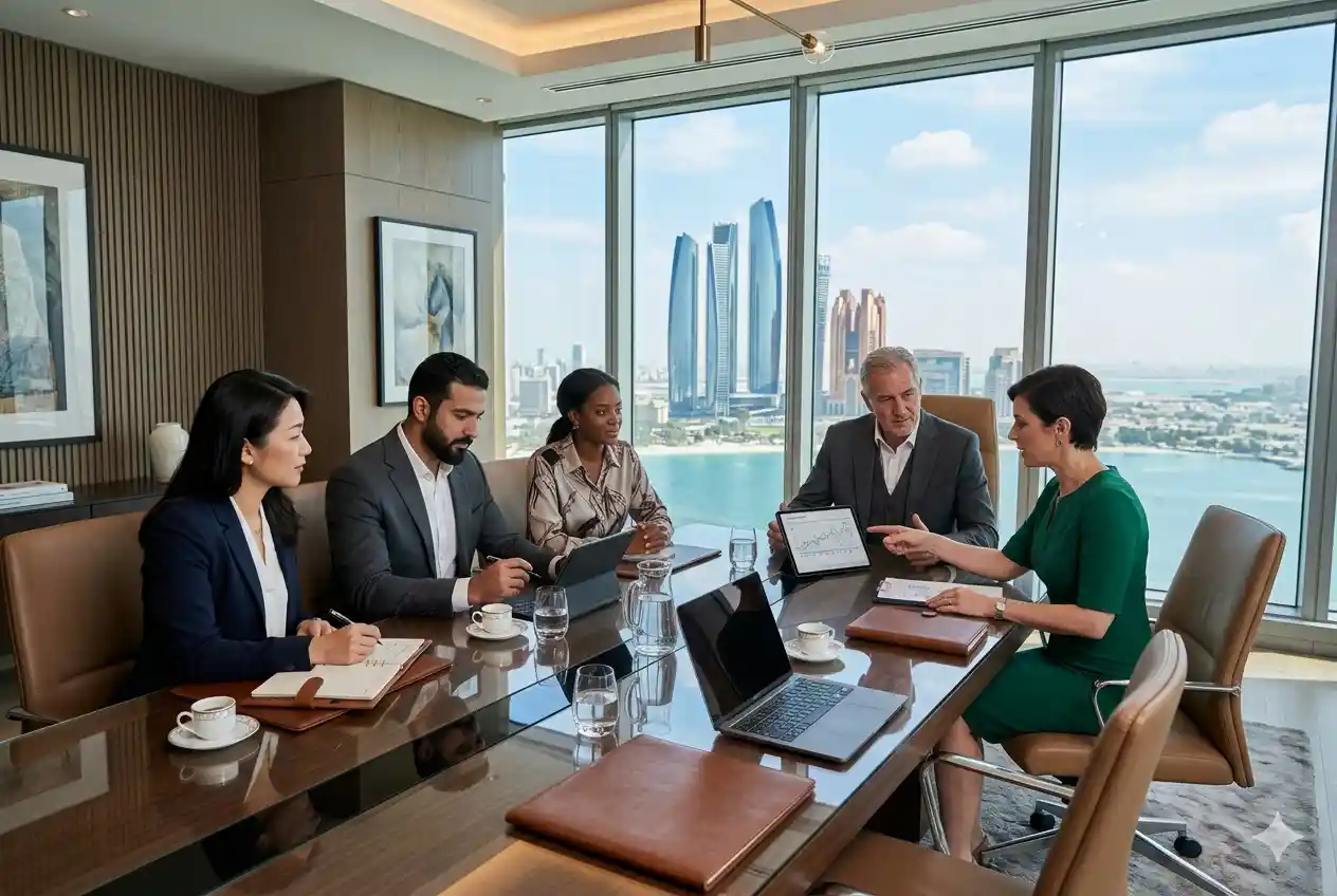 Professional business setup consultants meeting clients in Abu Dhabi