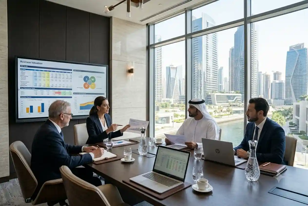 Financial consultants conducting a business valuation meeting in a Dubai office