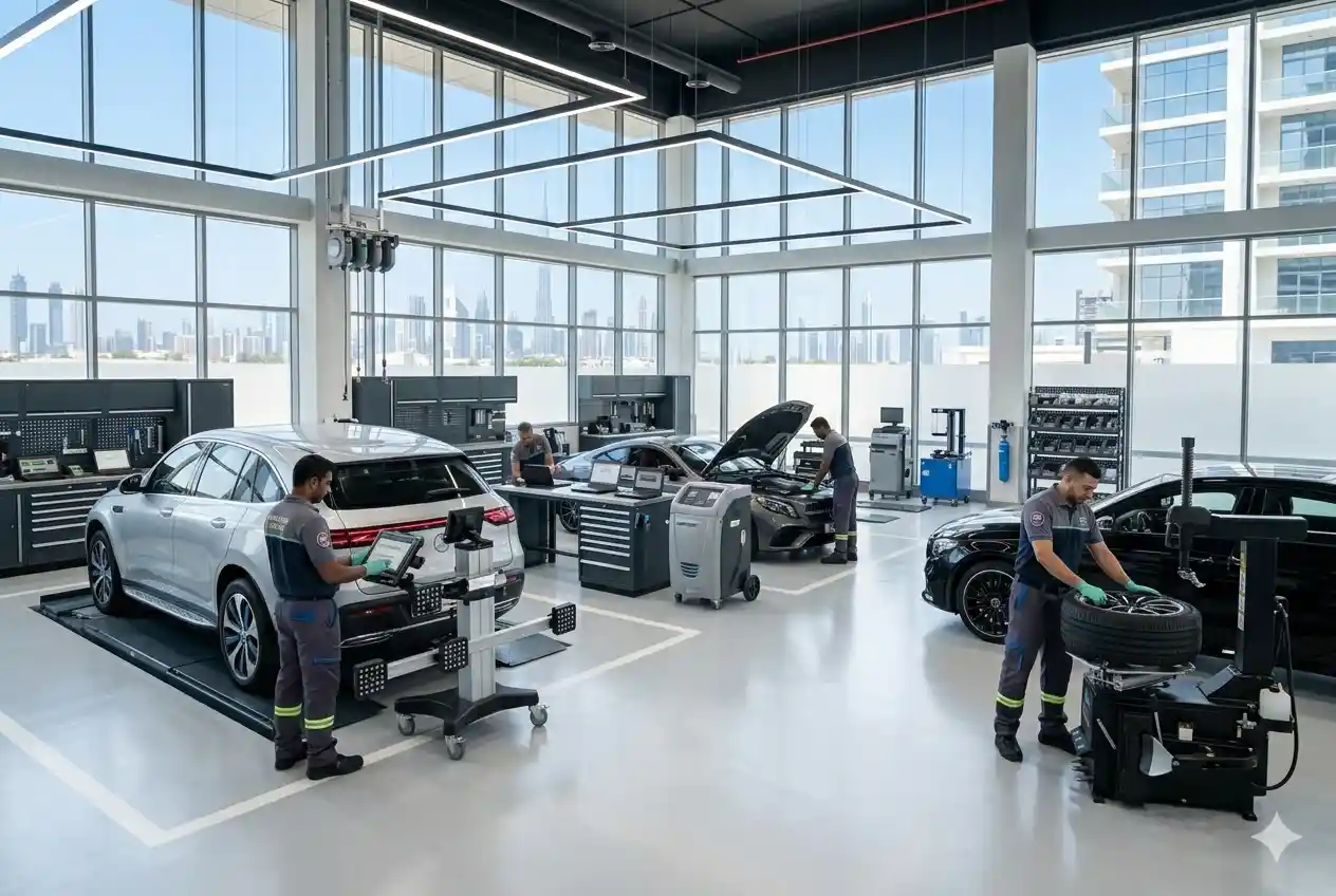 Technicians servicing cars in a modern UAE workshop