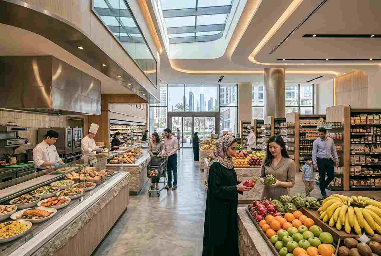 Modern supermarket shopping experience with fresh foods and imported products in the UAE