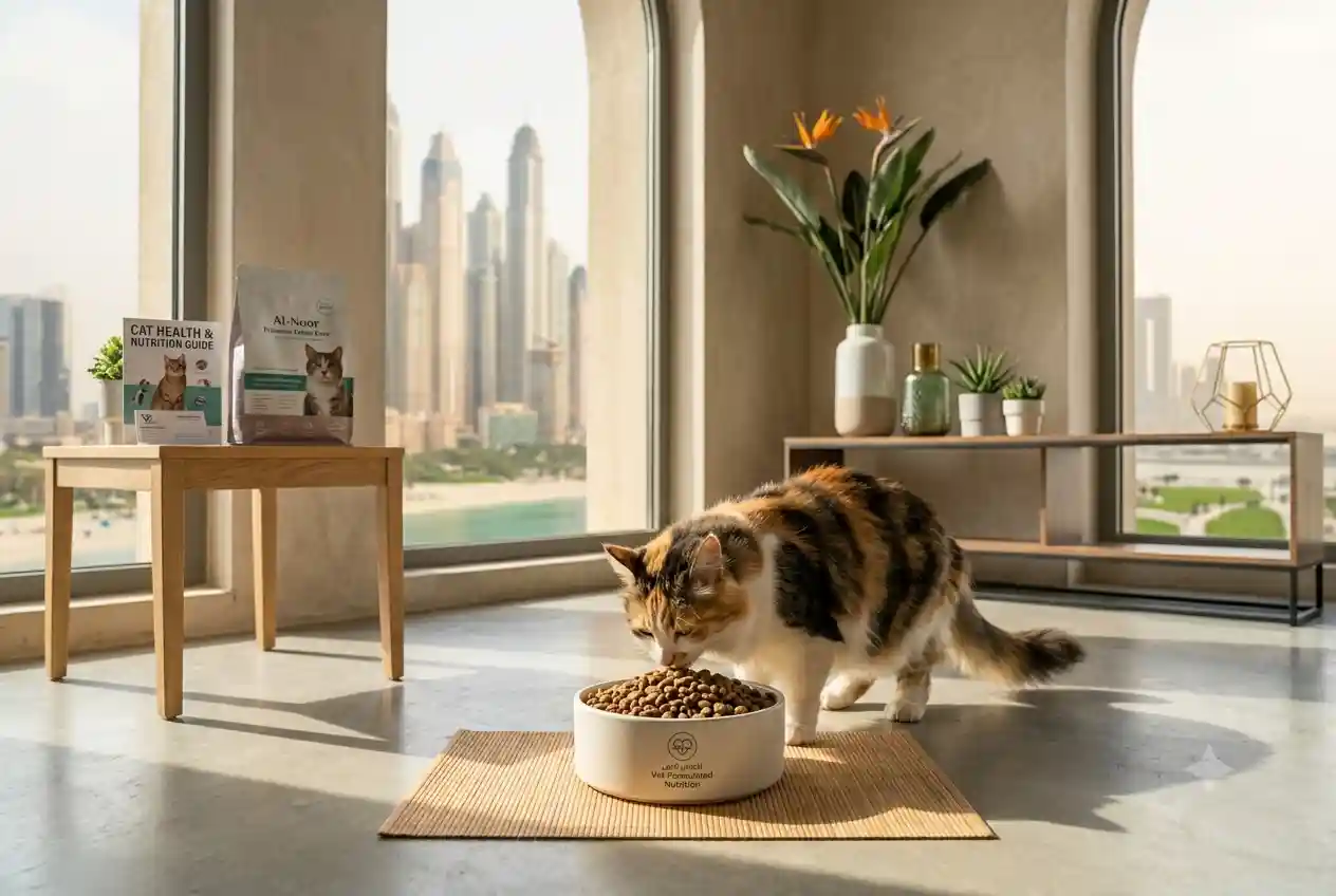 Healthy cat eating nutritious premium cat food in a modern home