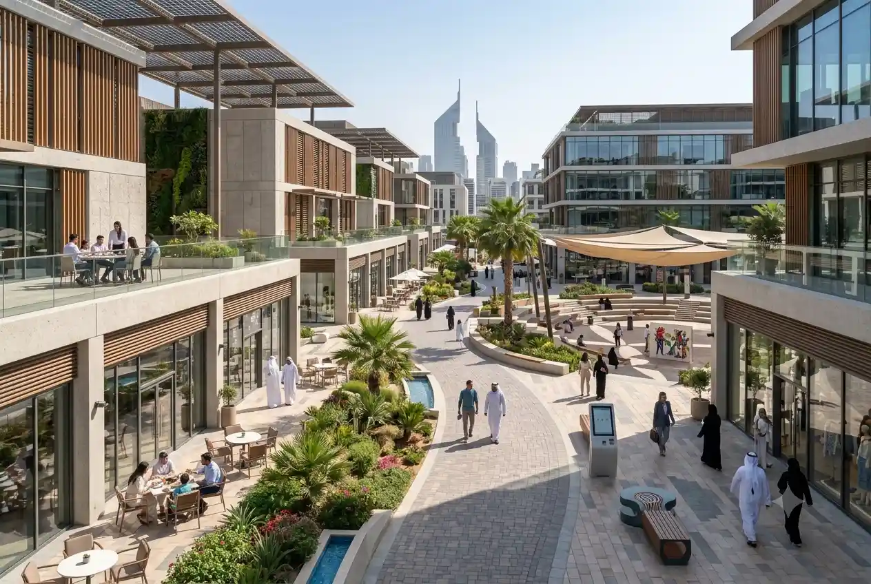 Modern mixed-use central market development with retail stores, public spaces, and contemporary architecture in the UAE.