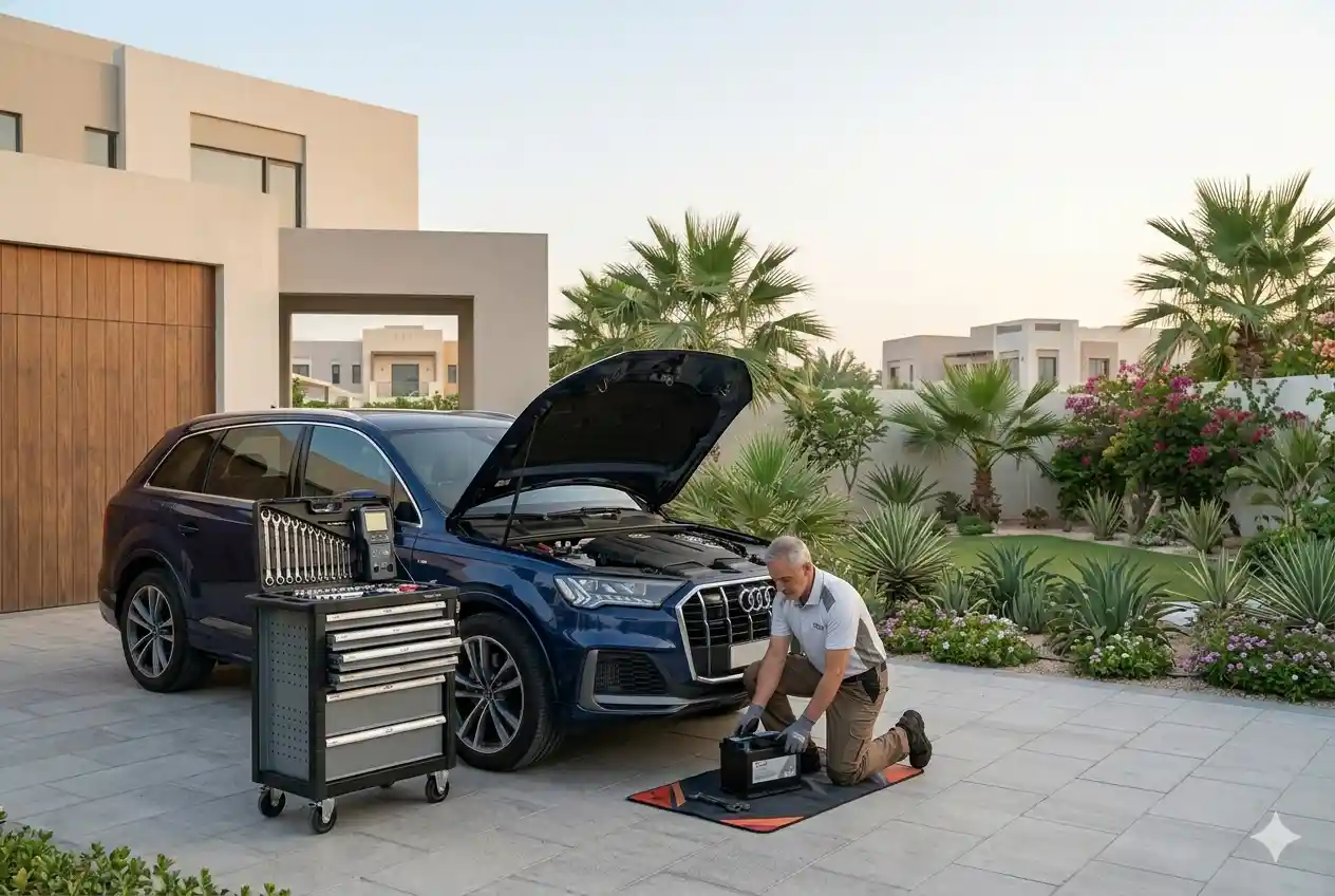 Mobile technician replacing a vehicle battery at a customer's home