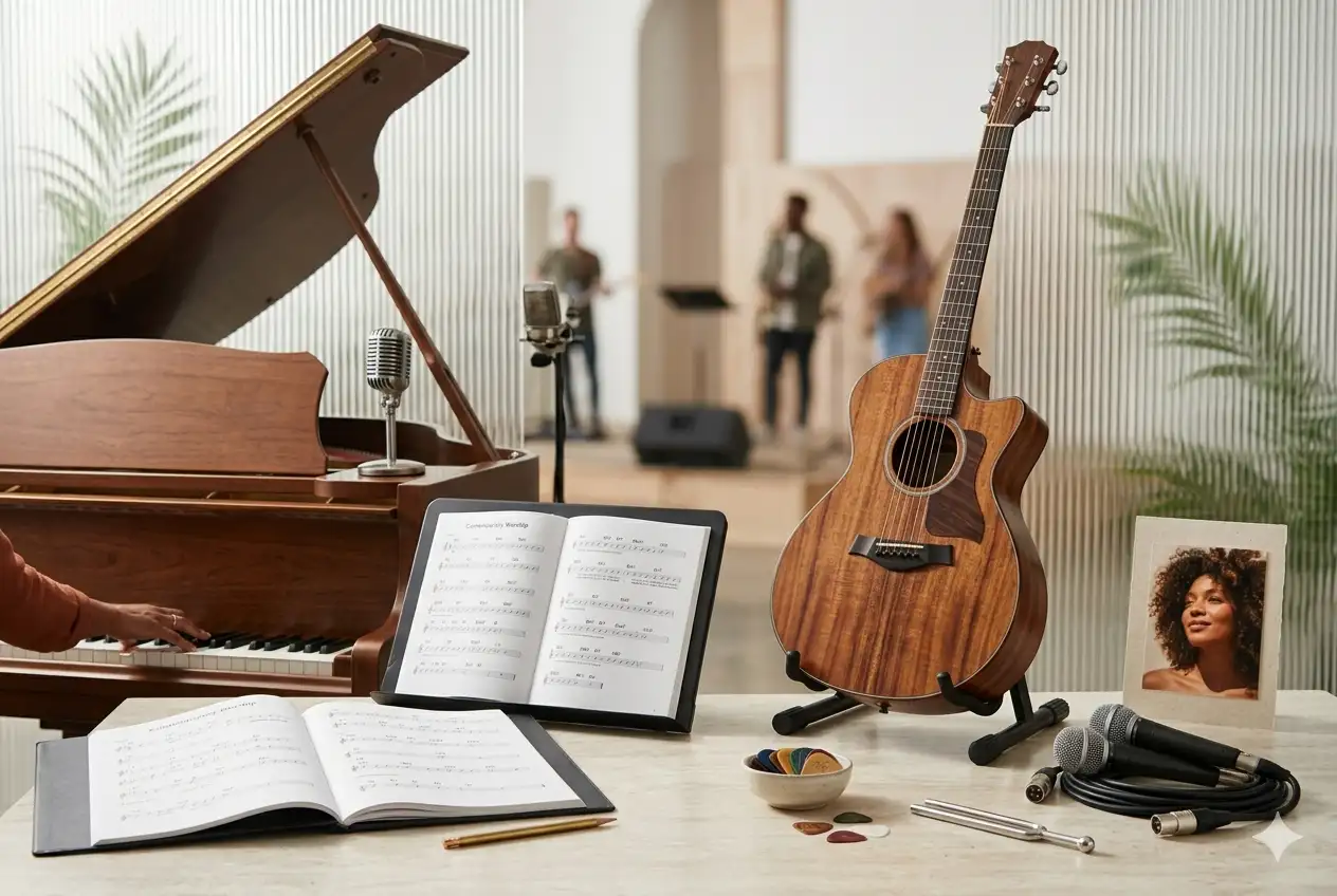 Guitar and piano prepared for learning worship song chords in a rehearsal setting