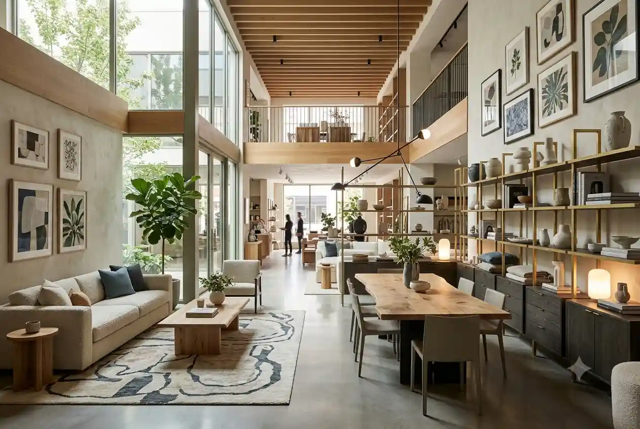 Modern design and lifestyle store showcasing premium furniture, artwork, and home décor.