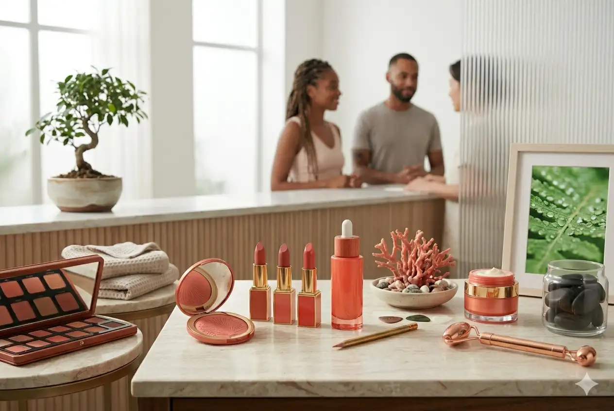 Coral-toned beauty products displayed in a premium editorial cosmetic setting