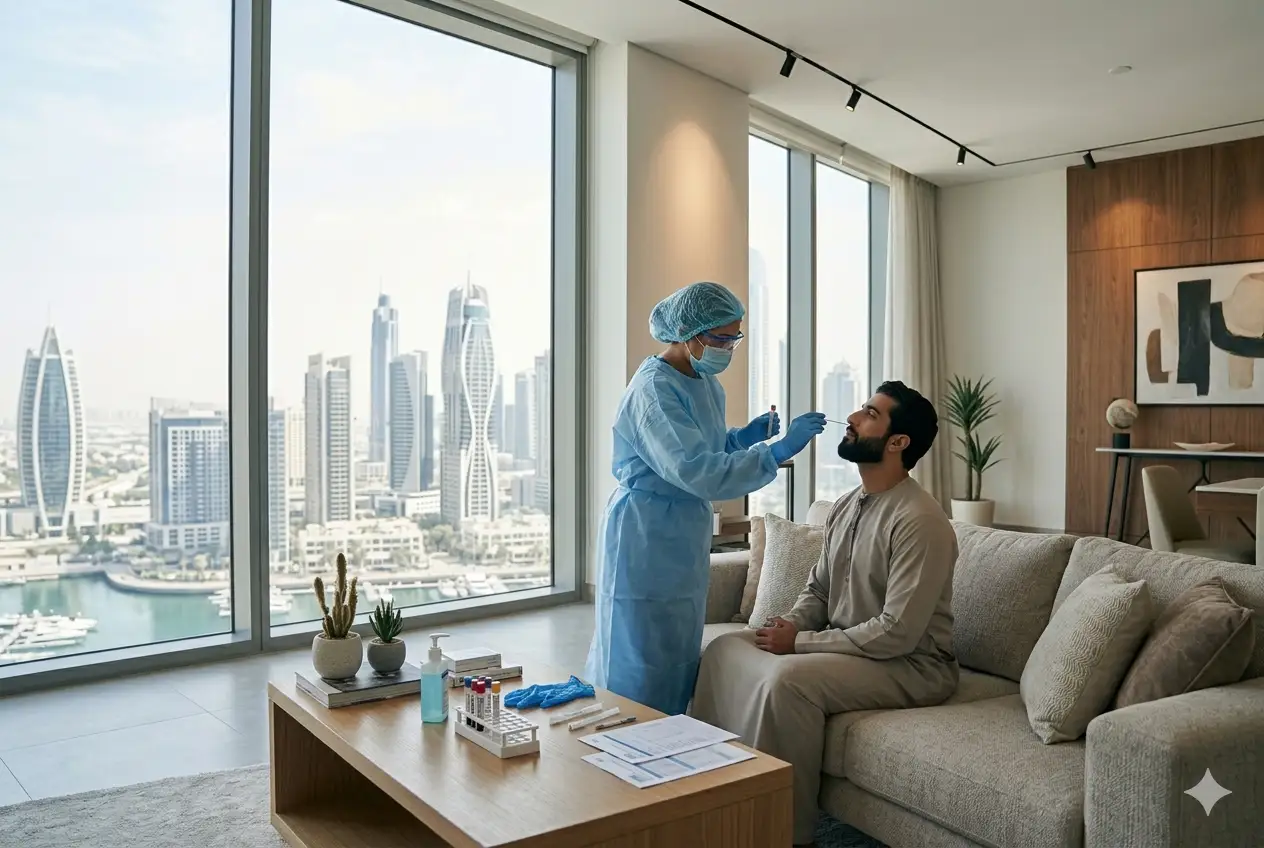 Healthcare professional performing COVID test at home in Dubai apartment