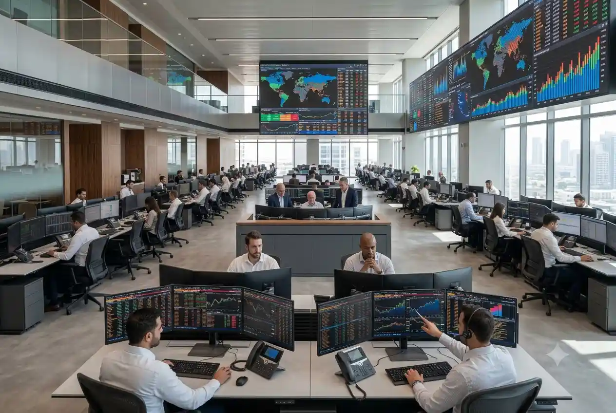 Professional traders monitoring electronic financial markets with live bid and ask pricing displays.