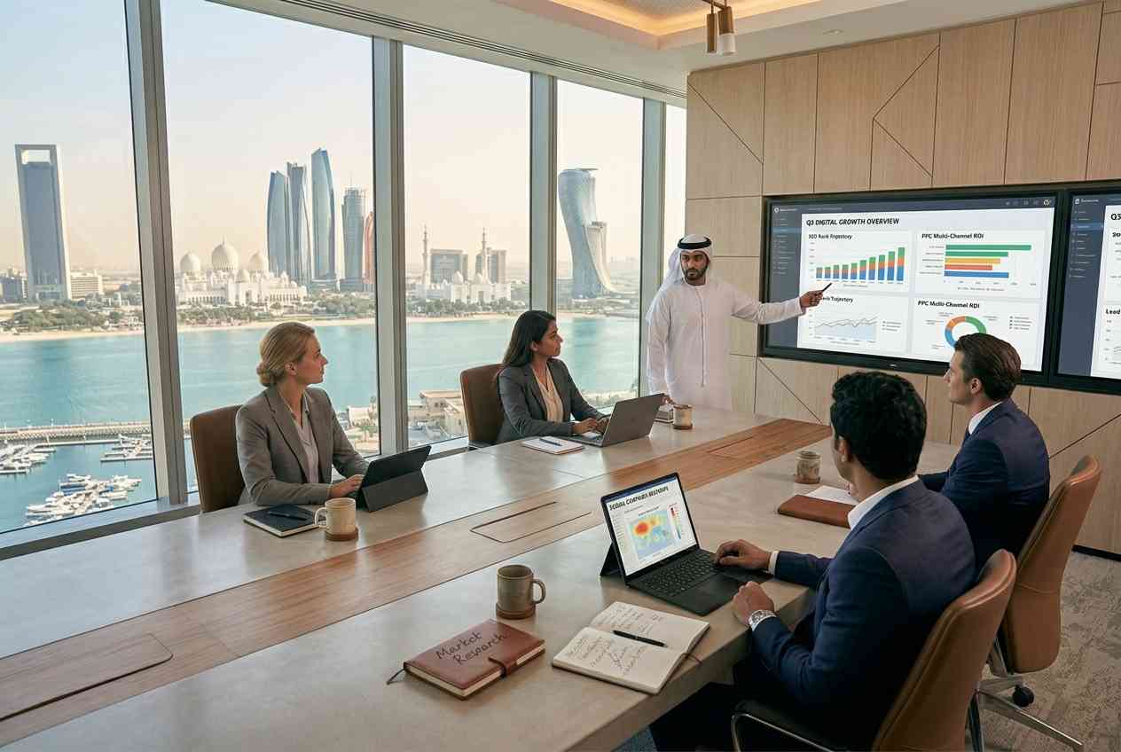Business professionals reviewing digital marketing strategies in Abu Dhabi