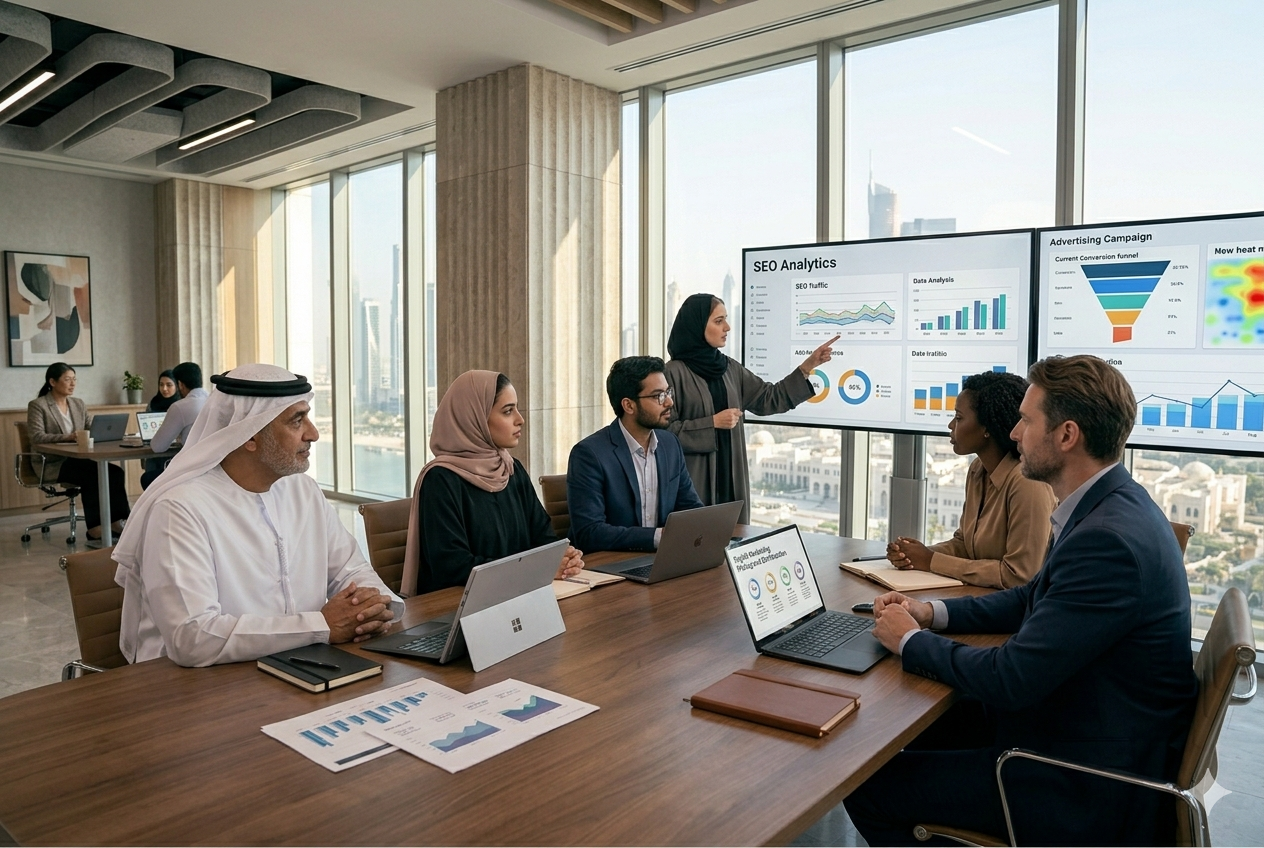 Marketing professionals in Abu Dhabi reviewing SEO and advertising strategies