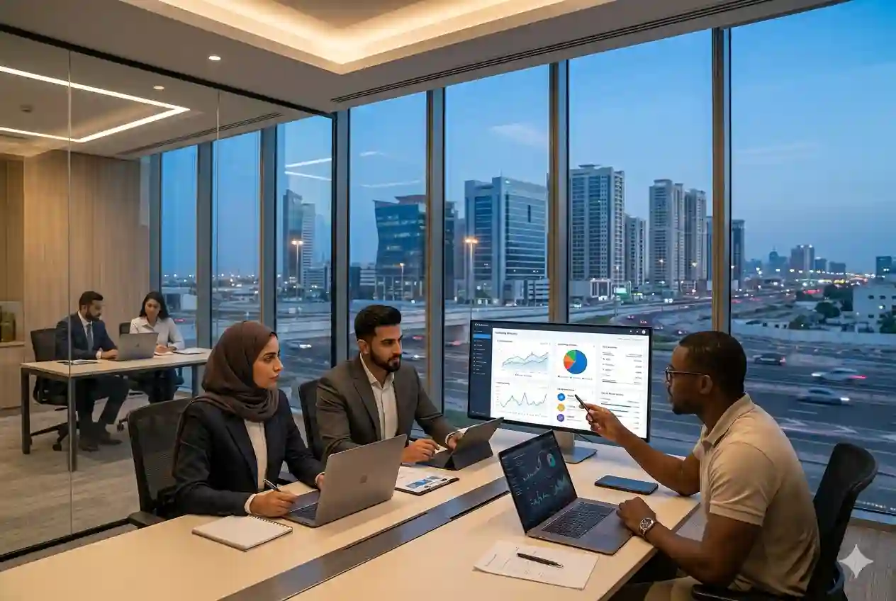 Team working in digital marketing agency office in Ajman analyzing campaigns